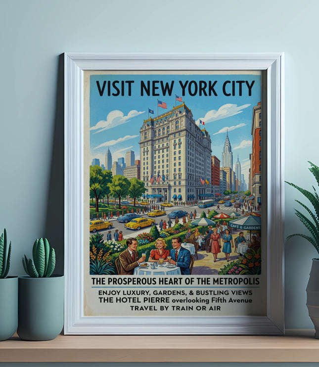 Visit New York City poster with Hotel Pierre, bustling street, diners, and text.
