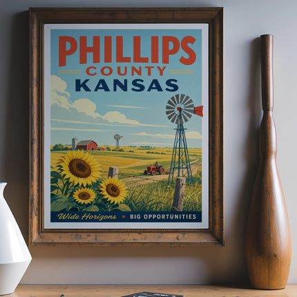 Phillips County Kansas poster with sunflowers, windmill, and barn.