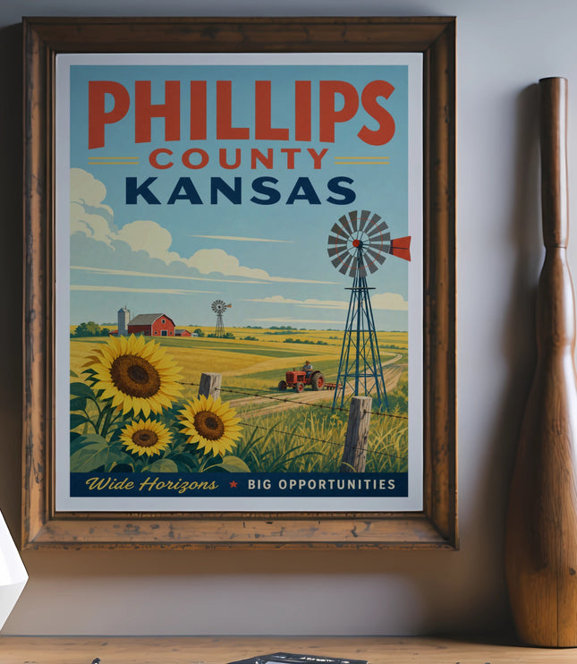 Phillips County Kansas poster with sunflowers, windmill, and barn.