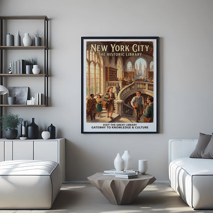 New York City historic library poster featuring people and text about knowledge.