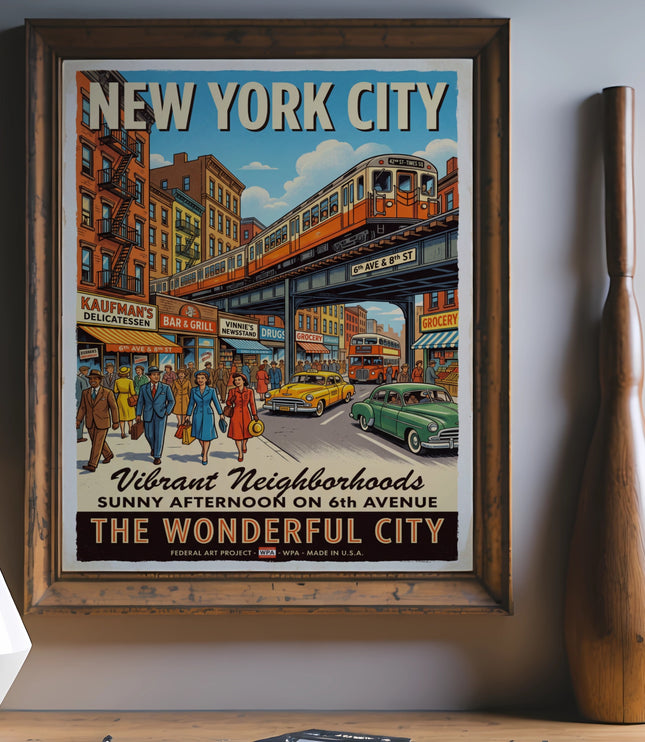 New York City poster showing elevated train, vintage cars, and people on 6th Ave.
