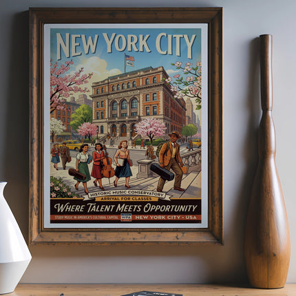 New York City Juilliard School poster, historic music conservatory, talent and opportunity.