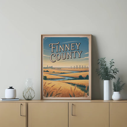 Vintage travel poster for Finney County featuring wheat fields and distant trees.