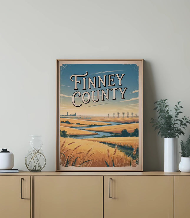 Vintage travel poster for Finney County featuring wheat fields and distant trees.