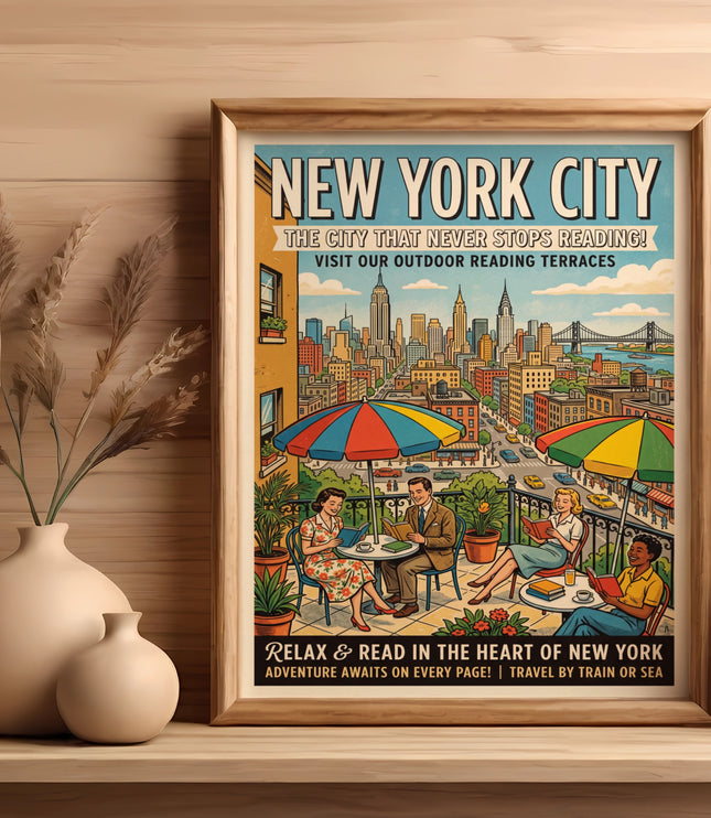 New York City retro travel poster featuring people reading on a terrace overlooking the skyline.