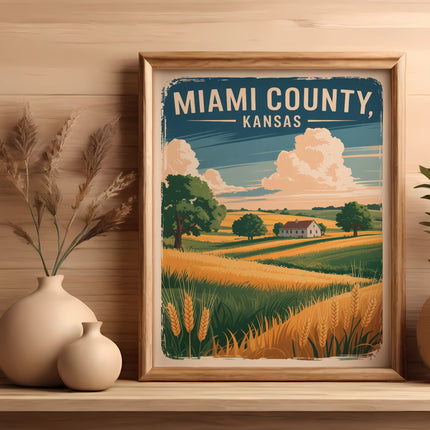 Framed art of a Kansas wheat field with farms under a cloudy sky.