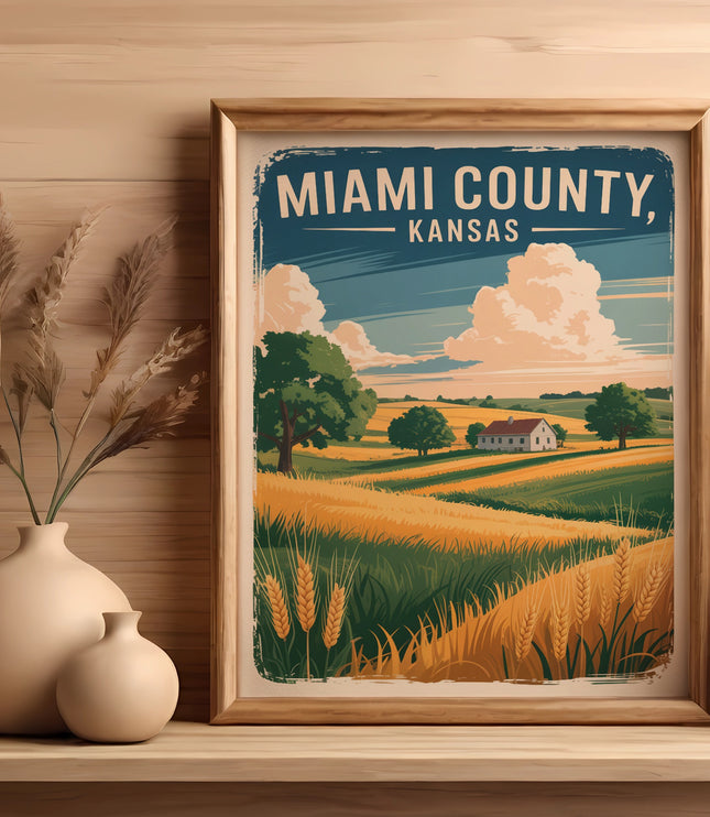 Framed art of a Kansas wheat field with farms under a cloudy sky.
