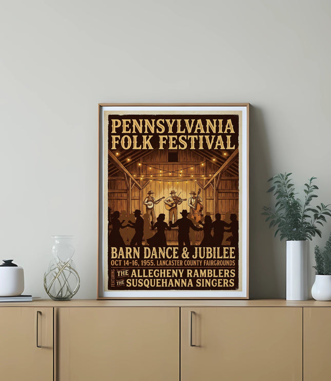 Pennsylvania Folk Festival barn dance and jubilee poster with band and singers.