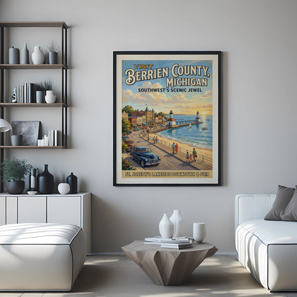 Vintage poster featuring "Visit Berrien County, Michigan" with a waterfront scene.