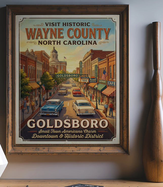 Wayne County North Carolina Goldsboro vintage travel poster with cars and buildings.
