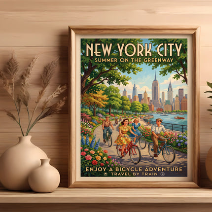 Retro poster: New York City Summer on the Greenway, people cycling, travel by train.