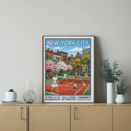 New York City Greenwich Village poster depicting a tennis match in a park.