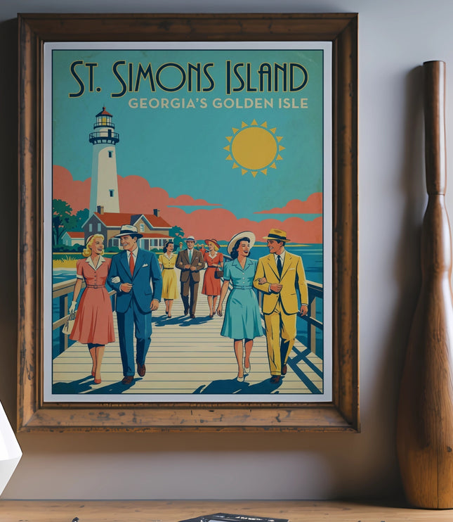 St. Simons Island, Georgia's Golden Isle lighthouse vintage travel poster.