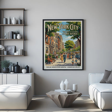 New York City Park Avenue poster with people strolling on a summer day.