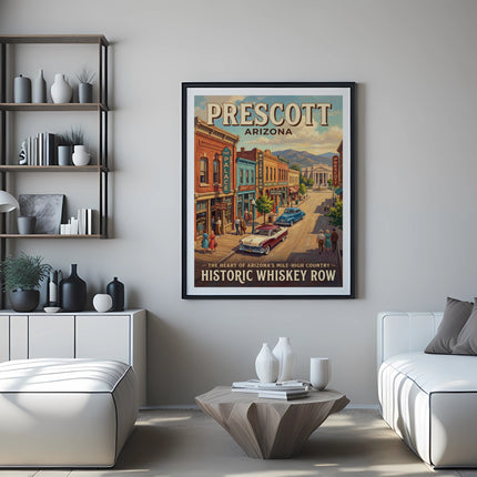 Prescott Arizona Historic Whiskey Row retro travel poster with vintage cars and buildings.