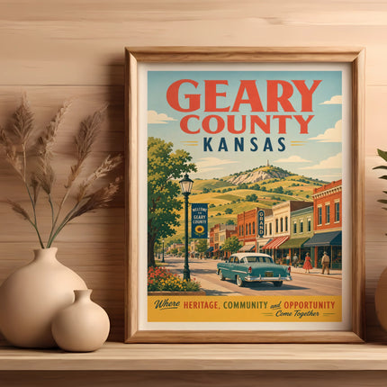 Vintage Geary County, Kansas travel poster showing a street scene with a classic car.