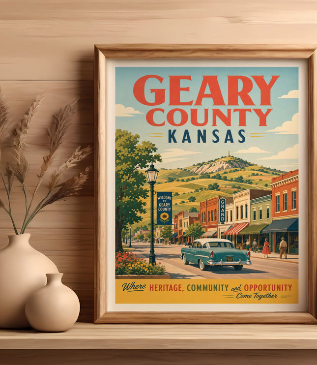 Vintage Geary County, Kansas travel poster showing a street scene with a classic car.
