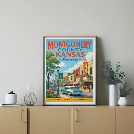 Montgomery County, Kansas vintage poster with Rialto theater and classic car.