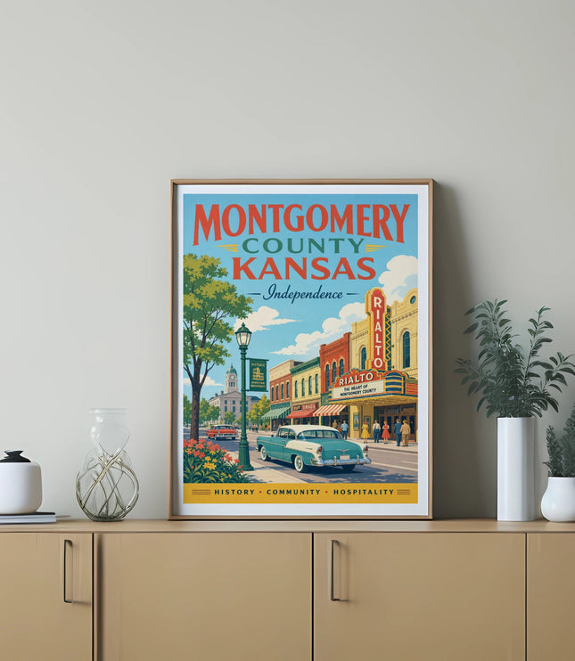 Montgomery County, Kansas vintage poster with Rialto theater and classic car.