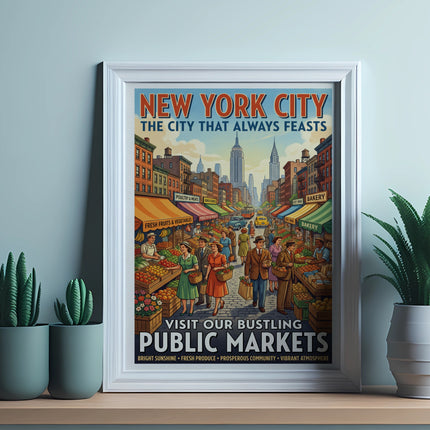 New York City poster: "Visit Our Bustling Public Markets" with market scenes.