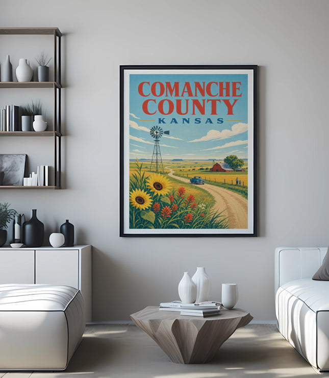 Comanche County, Kansas vintage travel poster with windmill and farm scene.