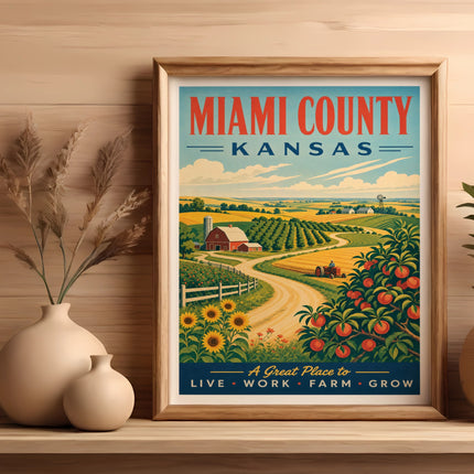 Retro Miami County Kansas travel poster with farm and orchard scenes.
