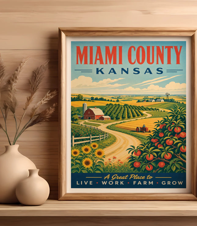Retro Miami County Kansas travel poster with farm and orchard scenes.