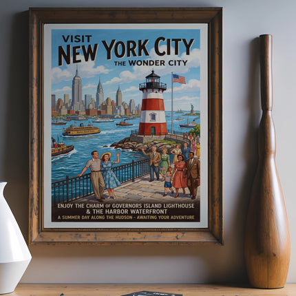 Vintage poster: Visit New York City, Governors Island Lighthouse, Staten Island Ferry.