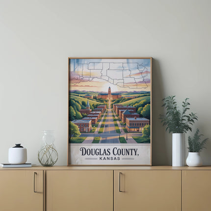 Douglas County, Kansas map art featuring a scenic landscape and buildings.