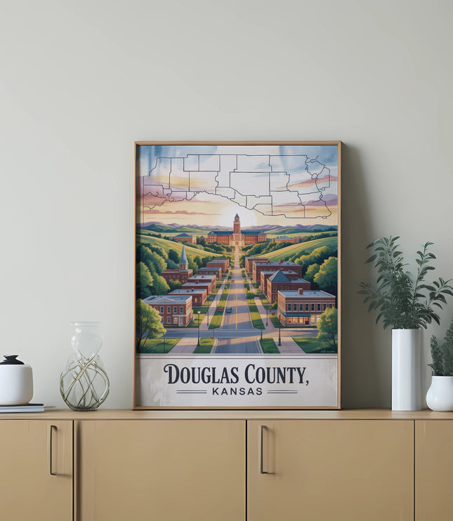 Douglas County, Kansas map art featuring a scenic landscape and buildings.