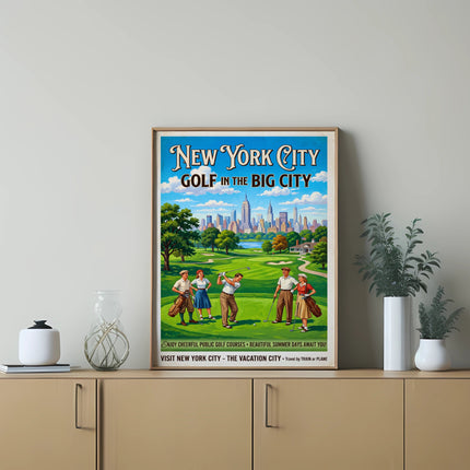 Vintage poster for New York City golf with golfers on a course.