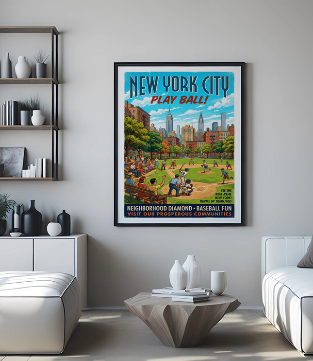 New York City Play Ball vintage travel poster featuring a baseball game and cityscape.