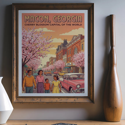 Poster depicting Macon, Georgia, cherry blossom capital, with people and vintage car.