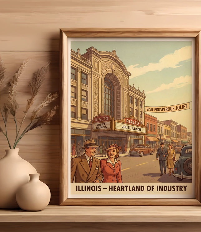 Vintage poster of Rialto Theater in Joliet, Illinois, with text "Illinois - Heartland of Industry".