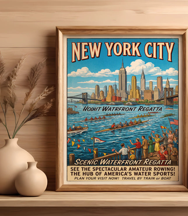 New York City waterfront regatta vintage travel poster with skyline.