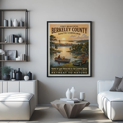 Vintage poster of Berkeley County, South Carolina, featuring fishing and boating.