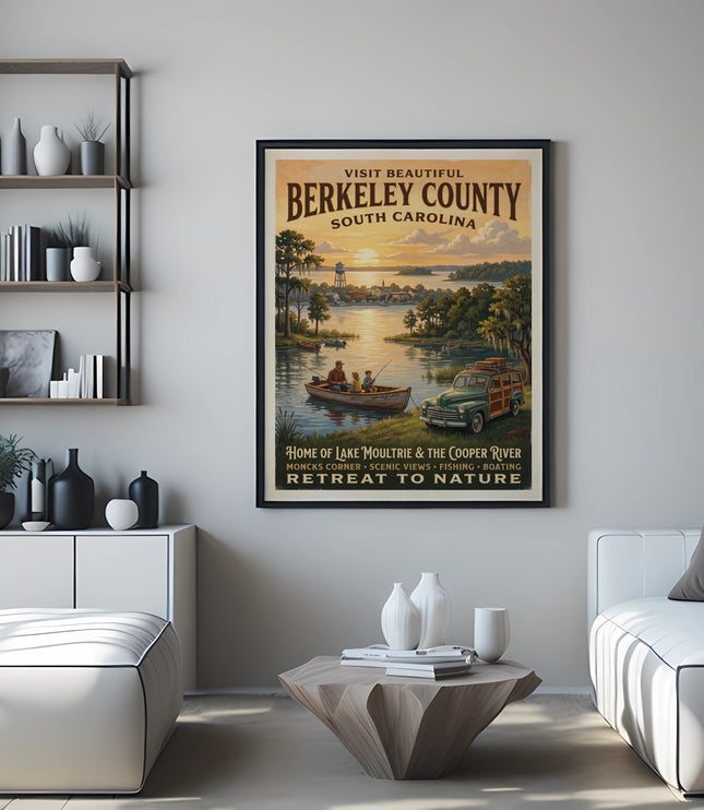 Vintage poster of Berkeley County, South Carolina, featuring fishing and boating.