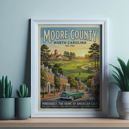 Poster of Moore County, North Carolina, depicting a golf course, village street, and classic car.