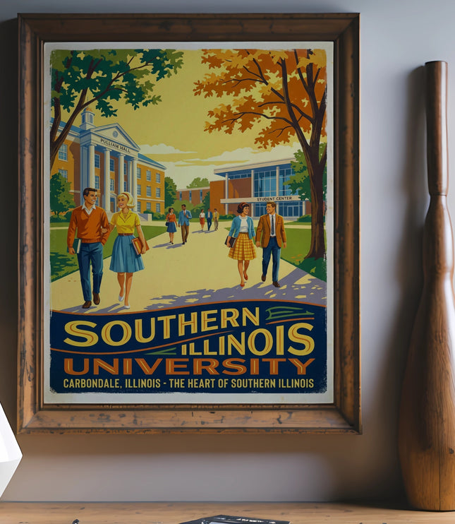 Vintage poster for Southern Illinois University featuring students walking on campus.