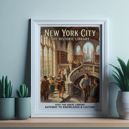 New York City Historic Library poster with people on grand staircase.