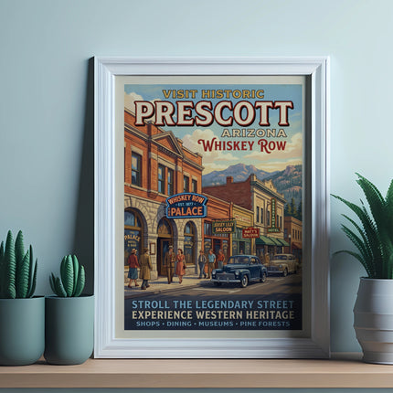 Vintage poster of Prescott Arizona's historic Whiskey Row with buildings and cars.