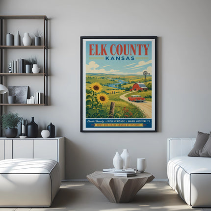 Elk County Kansas vintage travel poster with sunflowers, car, and farmhouse.