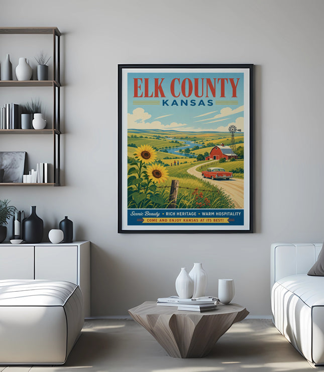 Elk County Kansas vintage travel poster with sunflowers, car, and farmhouse.