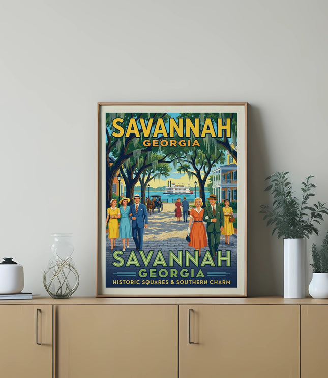 Savannah Georgia vintage poster art with people walking by a riverboat.