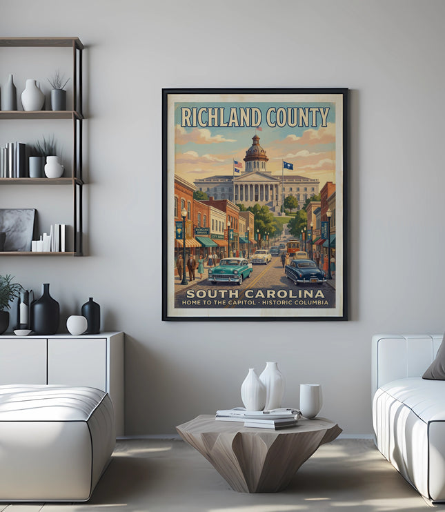 Richland County, South Carolina vintage travel poster featuring a capitol building and historic street scene.