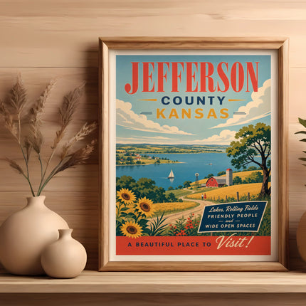 Jefferson County Kansas vintage travel poster with lakes, fields, and text.