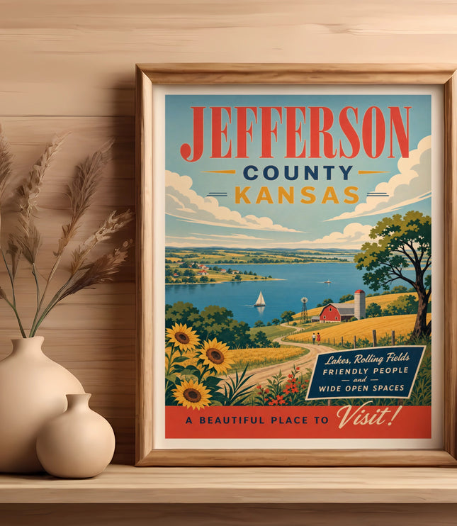 Jefferson County Kansas vintage travel poster with lakes, fields, and text.