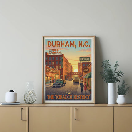Vintage poster of Durham, N.C. tobacco district with Bull Durham building.