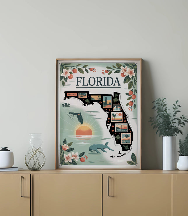 Framed Florida map print with vintage style scenes, flowers, and text.