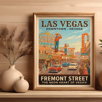 Las Vegas Fremont Street vintage poster with Golden Nugget and Horseshoe signs.
